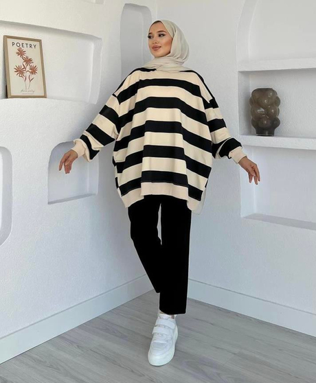 Çizgili Oversize Sweatshirt Siyah