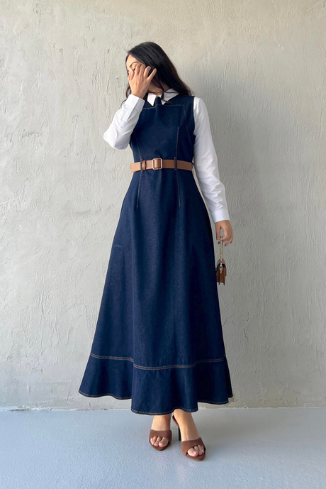 Denim Kemerli Jile Koyu Kot