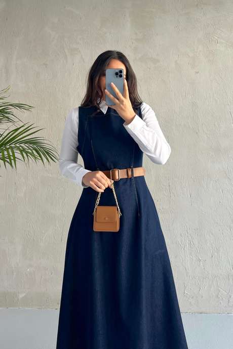 Denim Kemerli Jile Koyu Kot