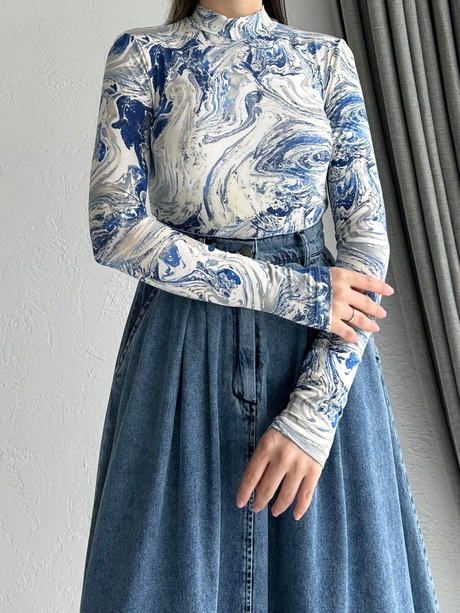 Desenli Balıkçı Body Mavi-Beyaz