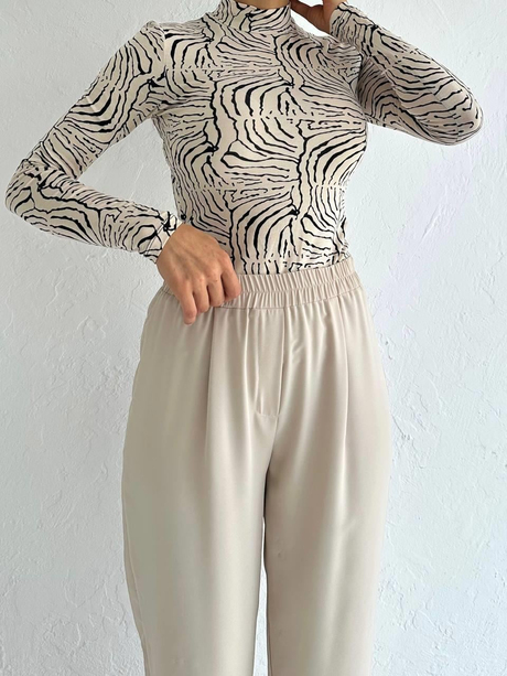 Desenli Balıkçı Body Siyah-Krem