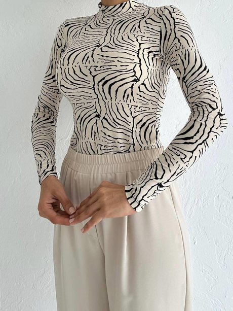 Desenli Balıkçı Body Siyah-Krem