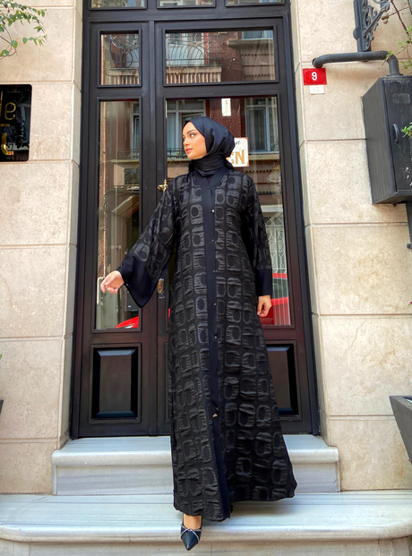 Desenli Keten İpek Abaya Siyah