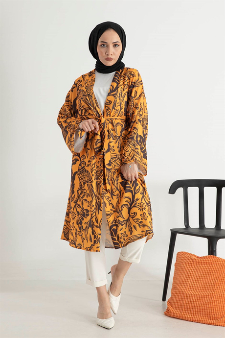 Desenli Kuşaklı Kimono