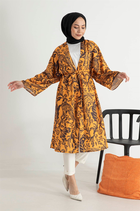 Desenli Kuşaklı Kimono