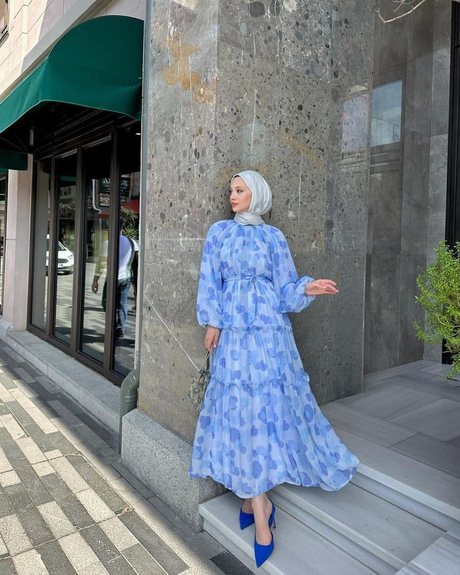 Desenli Şifon Elbise Mavi - Moda AlaDesenli Şifon Elbise Mavi