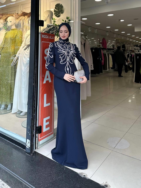 Desenli Taşlı Krep Abiye Lacivert
