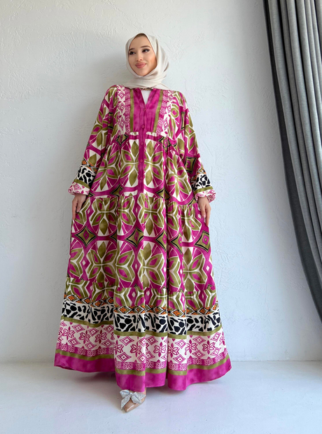 Desenli viskon elbise Pembe - Moda AlaDesenli viskon elbise Pembe