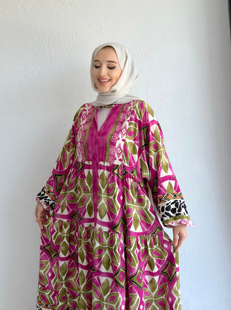Desenli viskon elbise Pembe - Moda AlaDesenli viskon elbise Pembe