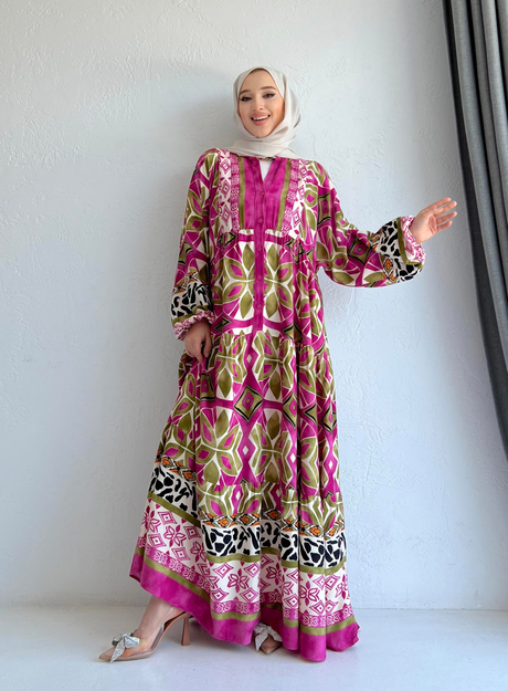 Desenli viskon elbise Pembe - Moda AlaDesenli viskon elbise Pembe