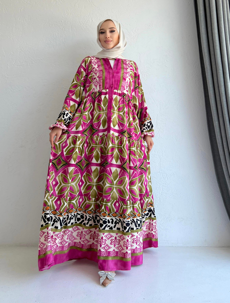 Desenli viskon elbise Pembe - Moda AlaDesenli viskon elbise Pembe