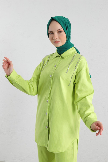 Dikey Taşlı Keten Takım Fıstık Yeşili
