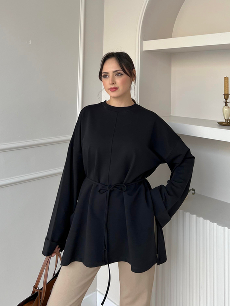 Dikiş Detaylı Yırtmaçlı Sweatshirt Siyah