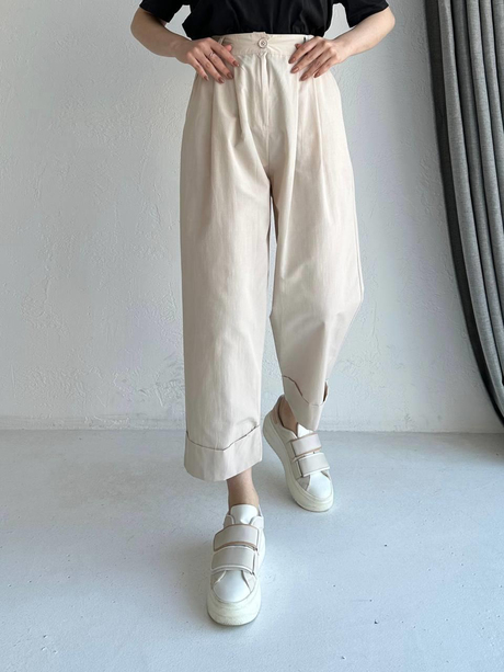 Double Paça Pileli Pantolon Ekru