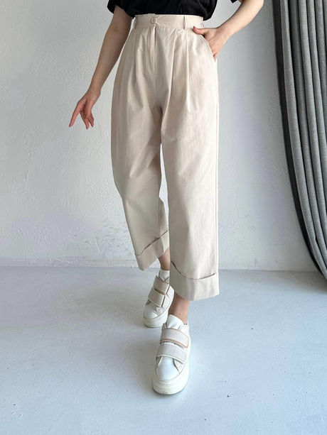 Double Paça Pileli Pantolon Ekru