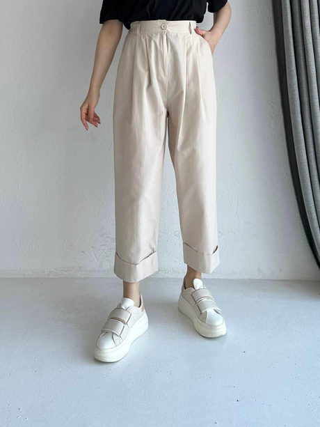 Double Paça Pileli Pantolon Ekru