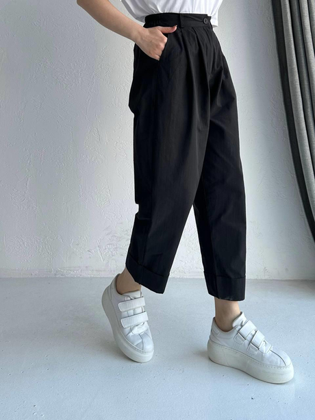 Double Paça Pileli Pantolon Siyah