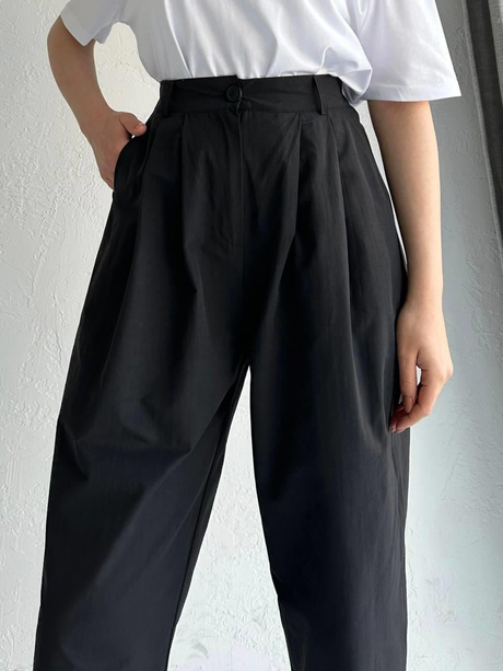 Double Paça Pileli Pantolon Siyah