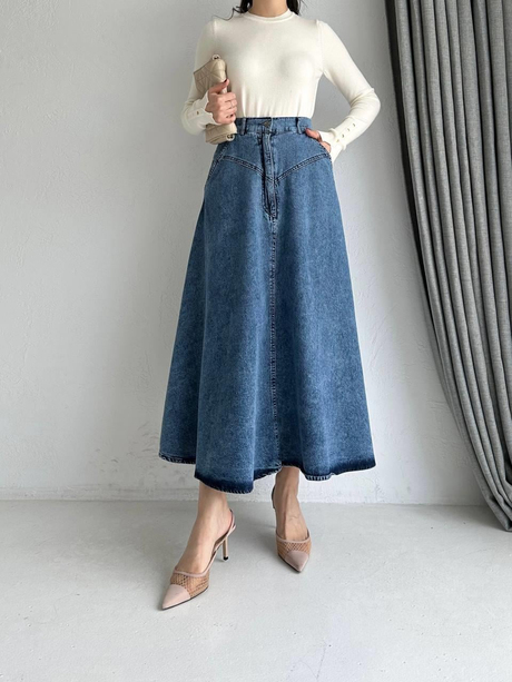 Düğmeli Fermuarlı Denim Etek Kot