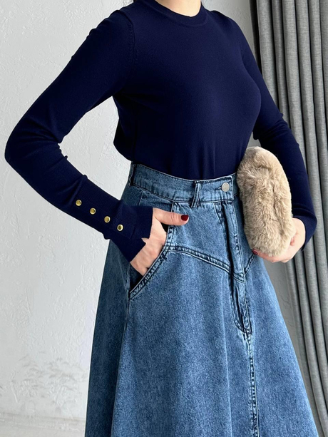 Düğmeli Fermuarlı Denim Etek Kot