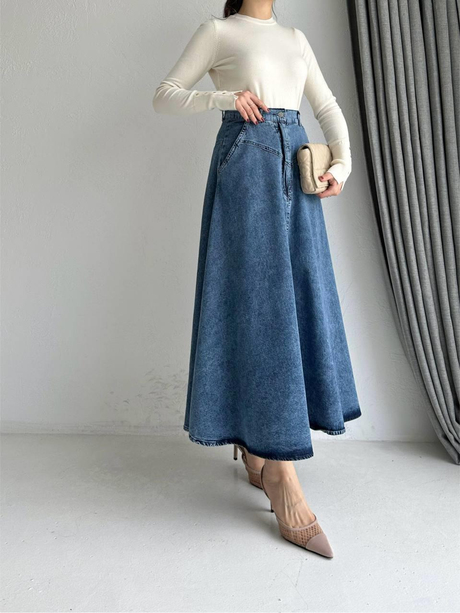 Düğmeli Fermuarlı Denim Etek Kot