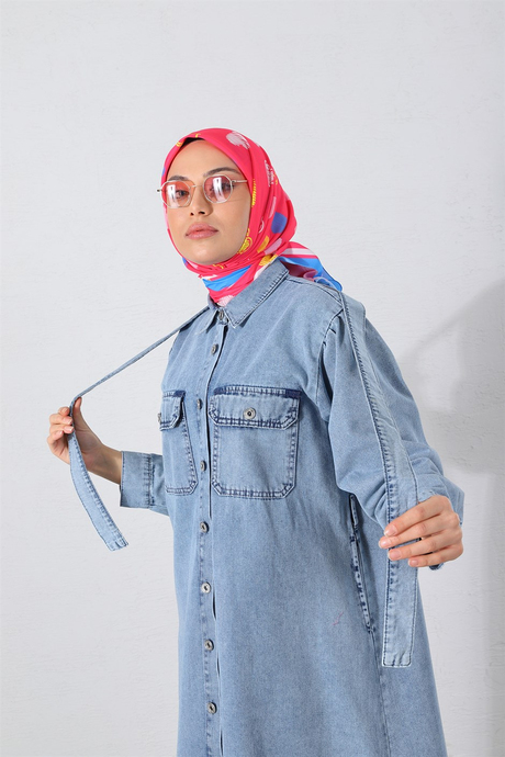 Düğmeli Klasik Kot Elbise Açık Kot