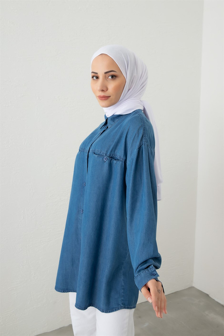 İndirimli Tesettür Giyim Modelleri | Moda Ala ile Şıklık Seninle | Düğmeli Tensel Gömlek KotDüğmeli Tensel Gömlek Kot