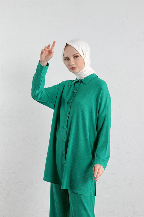 Düğmeli Yazlık Bürümcük Takım Benetton Yeşili