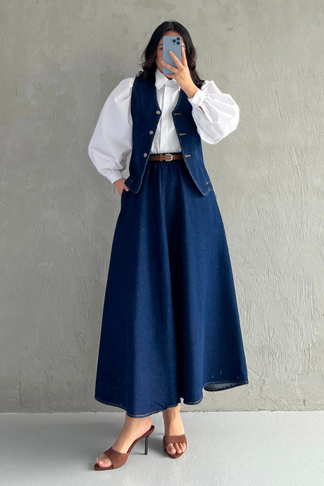 Düğmeli Yelekli Denim Takım Koyu Kot