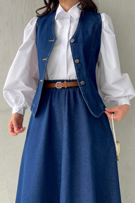 Düğmeli Yelekli Denim Takım Koyu Kot