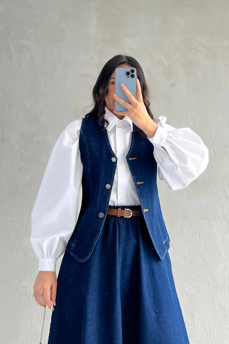 Düğmeli Yelekli Denim Takım Koyu Kot