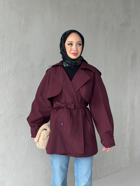 EFİ KISA TRENÇ Bordo