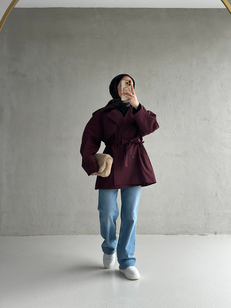 EFİ KISA TRENÇ Bordo