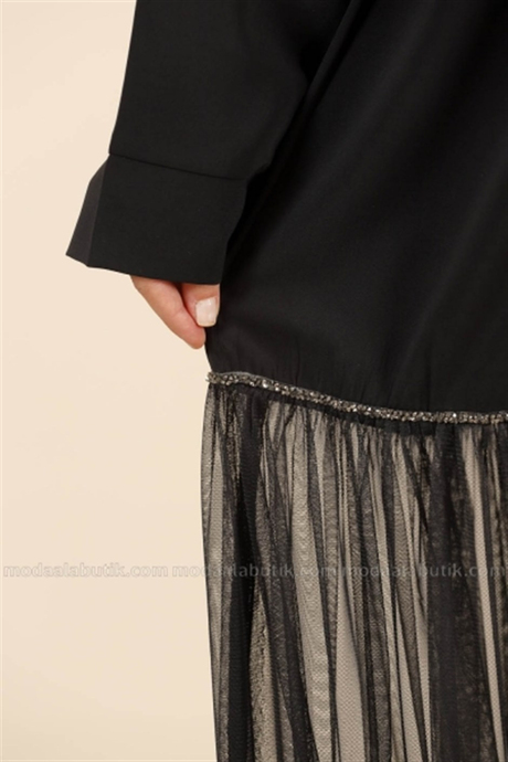 Eteği Tül Abaya - Siyah