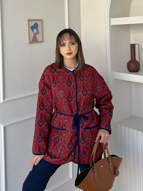 Etnik Desenli Biyeli Ceket Bordo