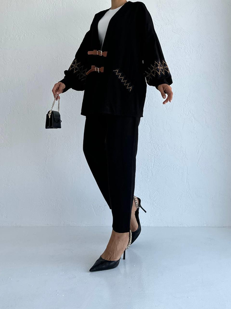Etnik Desenli Kimono Siyah