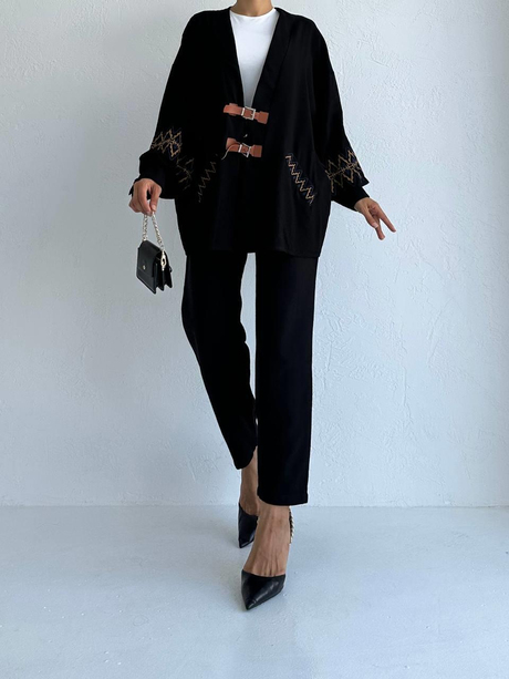 Etnik Desenli Kimono Siyah