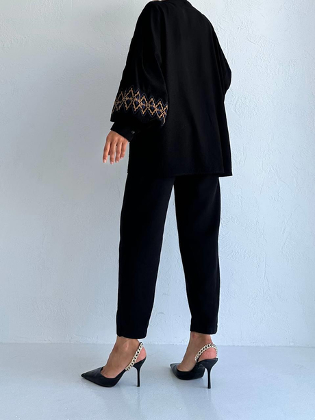 Etnik Desenli Kimono Siyah