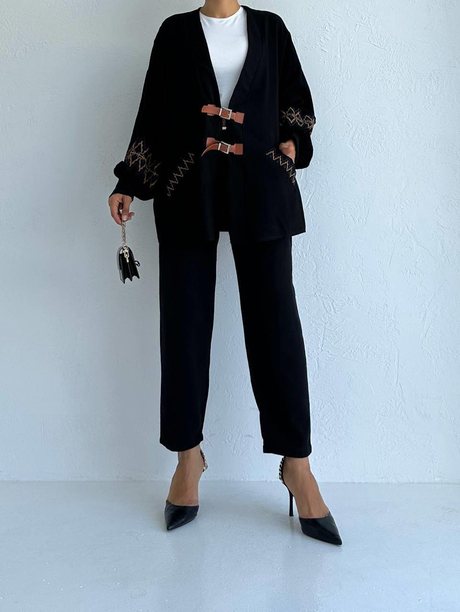 Etnik Desenli Kimono Siyah