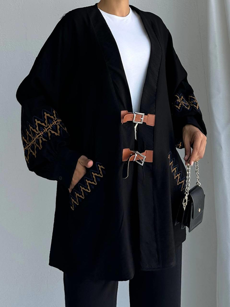 Etnik Desenli Kimono Siyah