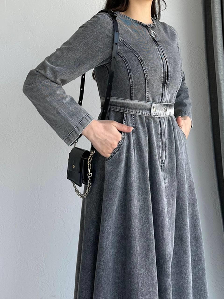 Fermuarlı Kemerli Kot Elbise Gri