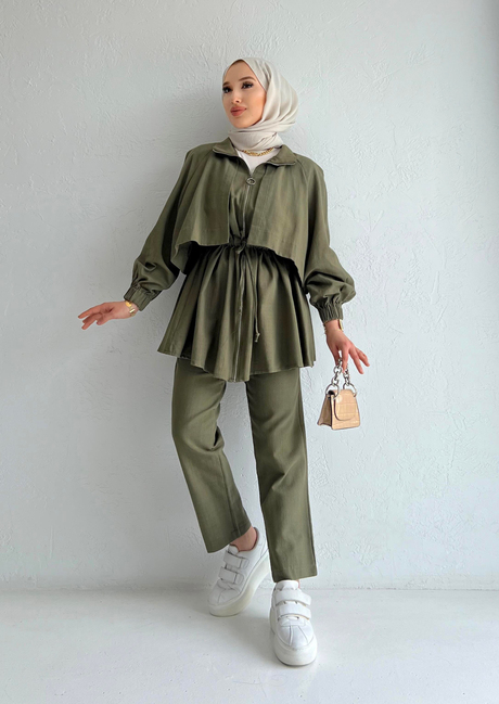 Fermuarlı Keten Takım Haki | Moda AlaFermuarlı Keten Takım Haki