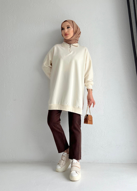 Fermuarlı Sweathirt Ekru | Moda AlaFermuarlı Sweathirt Ekru