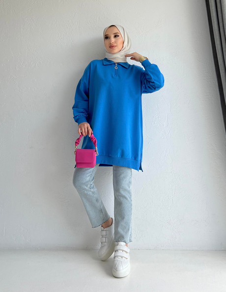 Fermuarlı Sweathirt Mavi | Moda AlaFermuarlı Sweathirt Mavi