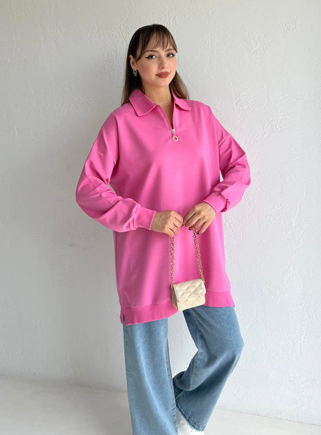 Fermuarlı Sweathirt Pembe | Moda AlaFermuarlı Sweathirt Pembe