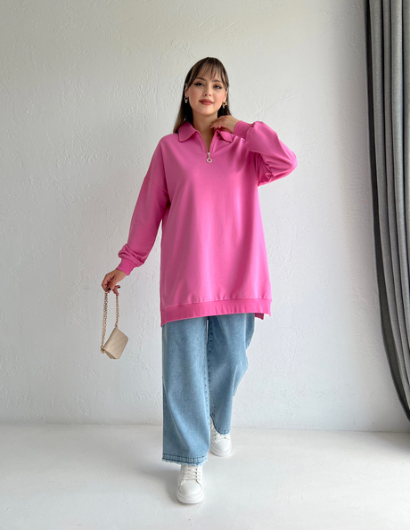 Fermuarlı Sweathirt Pembe | Moda AlaFermuarlı Sweathirt Pembe