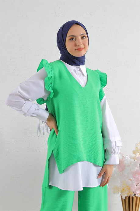 Fırfır Detaylı Gömlekli Takım Yeşil