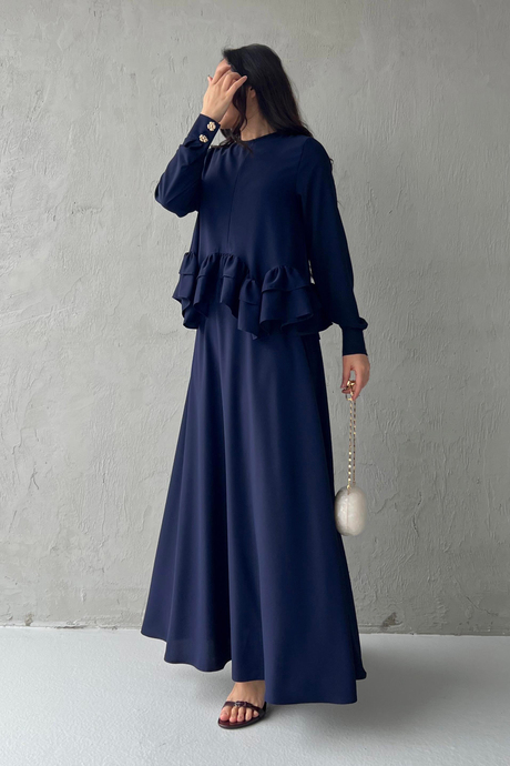 Fırfırlı Saten Takım Lacivert