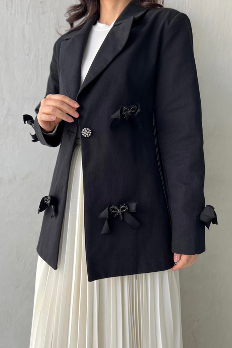 Fiyonklu Taşlı  Denim Ceket Siyah