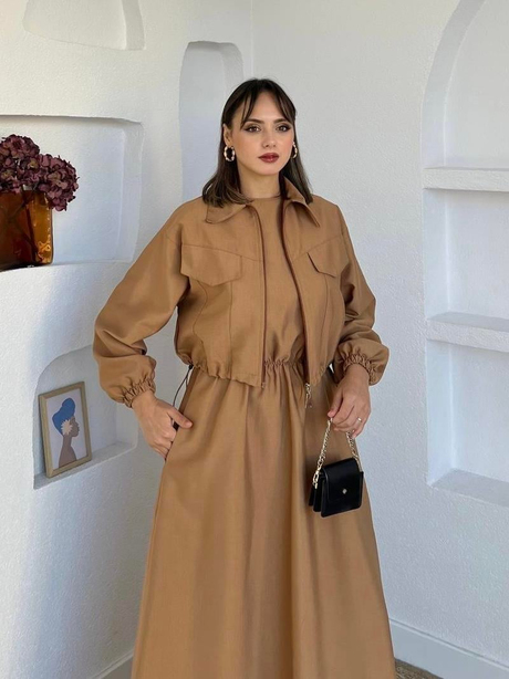 Gabardin Ceketli İç Elbiseli Takım Bej